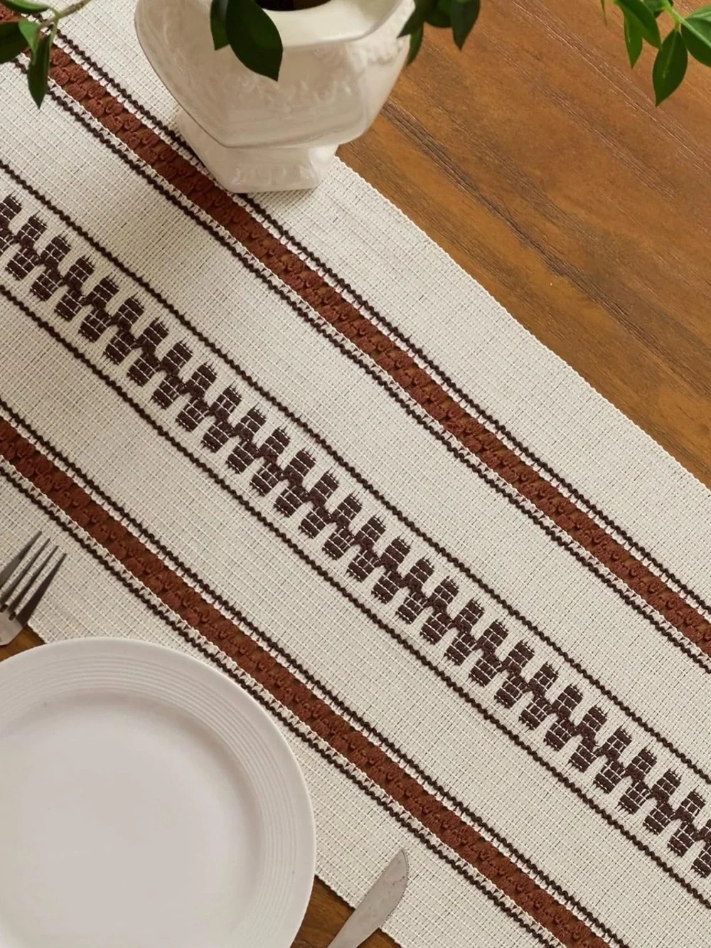 Boho Stripe Woven Table Runner in Cream and Brown - Baccessor